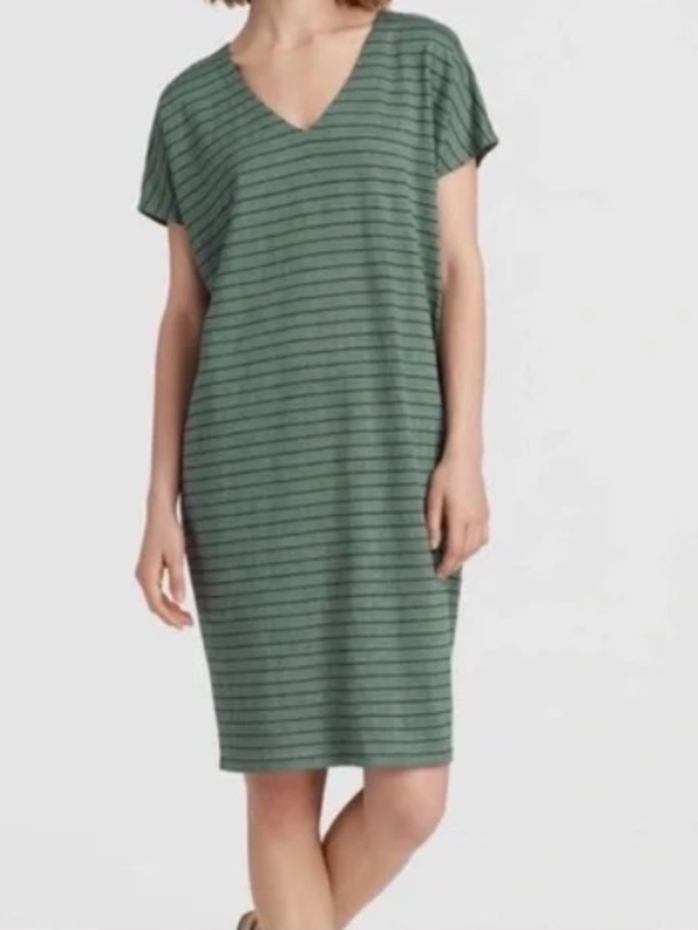 Eileen Fisher Linen Dress XS Olive Green Black Stripe Summer Vacation Ptp 22”